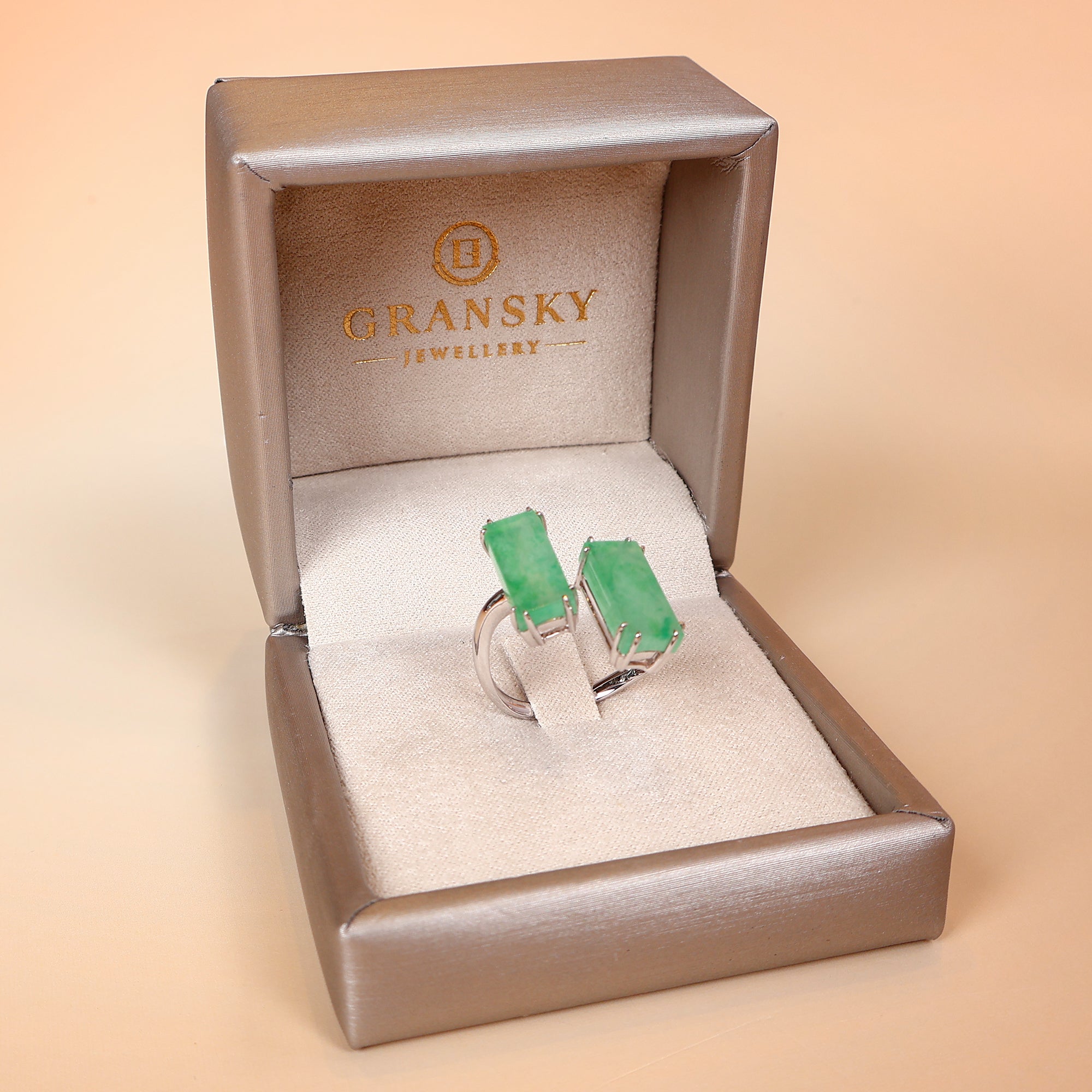 Semi-open jade ring with two jade stones of packaging box