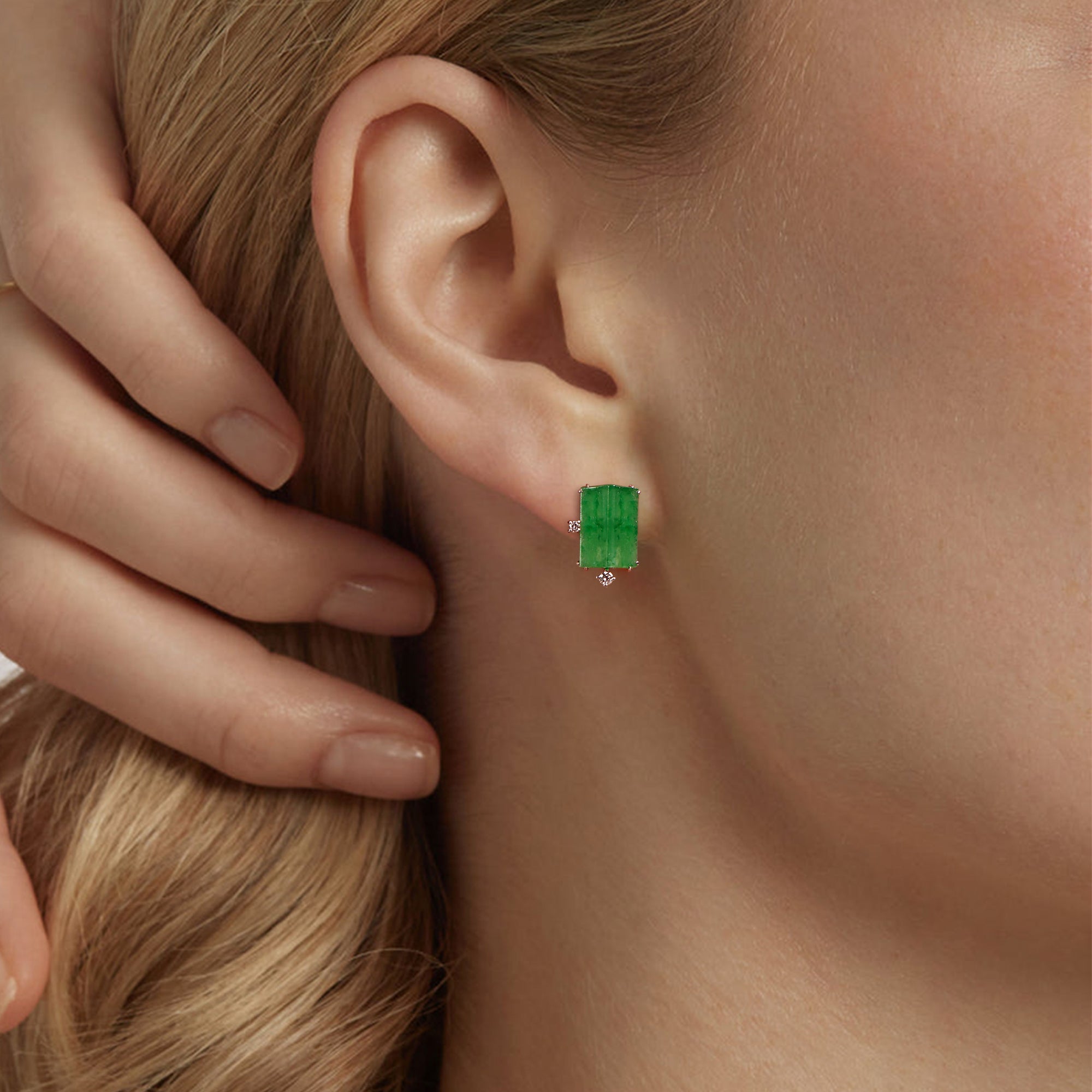 Model wearing Unique Design Genuine Burmese Jade Stud Earrings