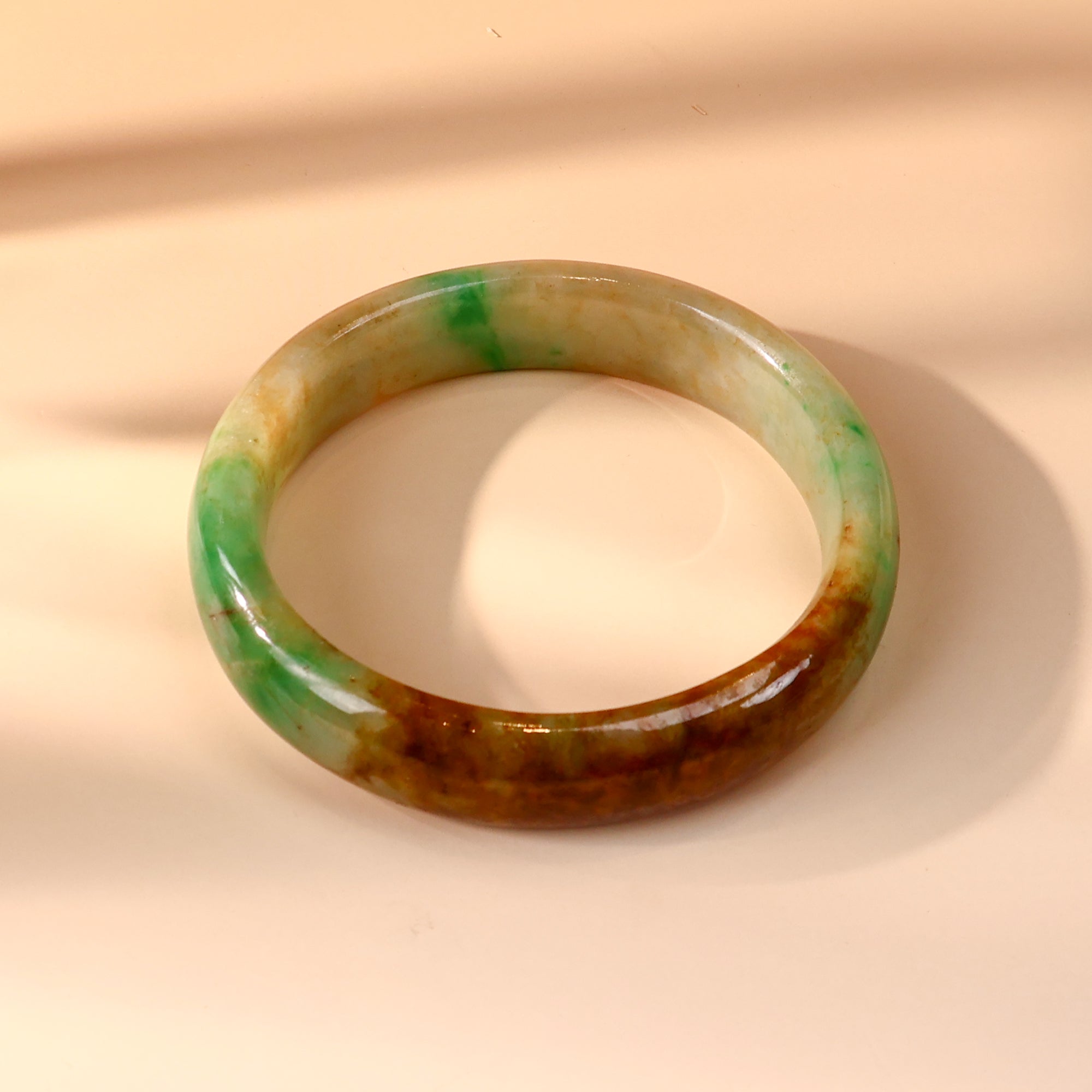 Two Tone Burmese Jade Bangle | Untreated Jade Bracelet | Green and Brown Oval Jade Bangle