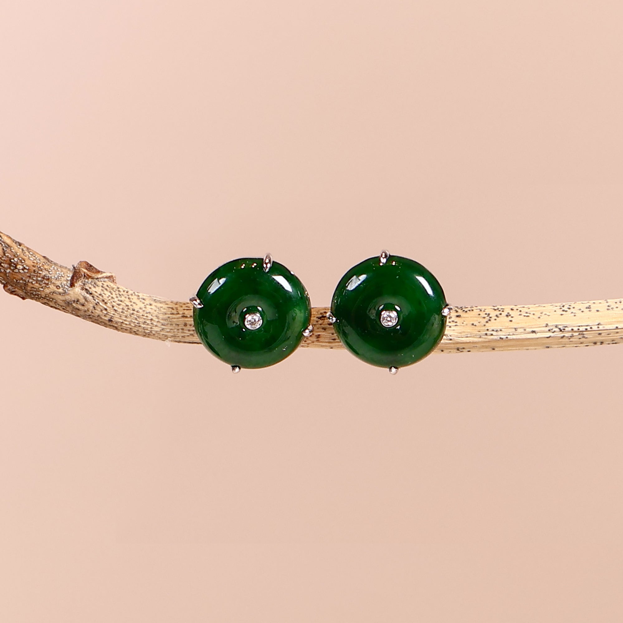 18K White Gold Donut Green Jade Stud Earrings | Real Jade Diamond Stud Earrings