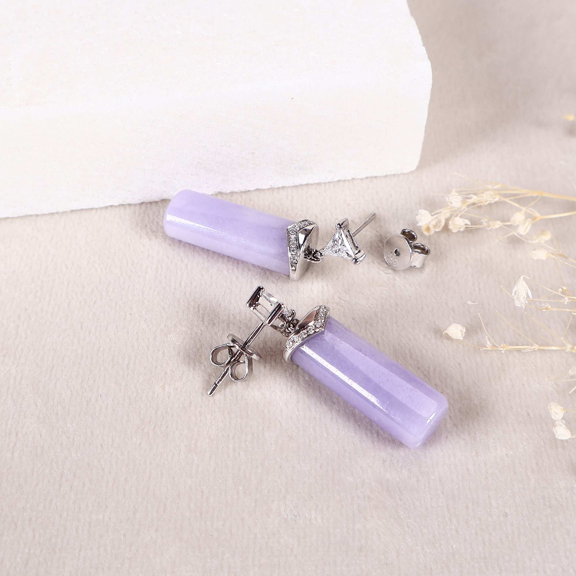 Dainty Dangle White Gold and Diamond Purple Jade Earrings