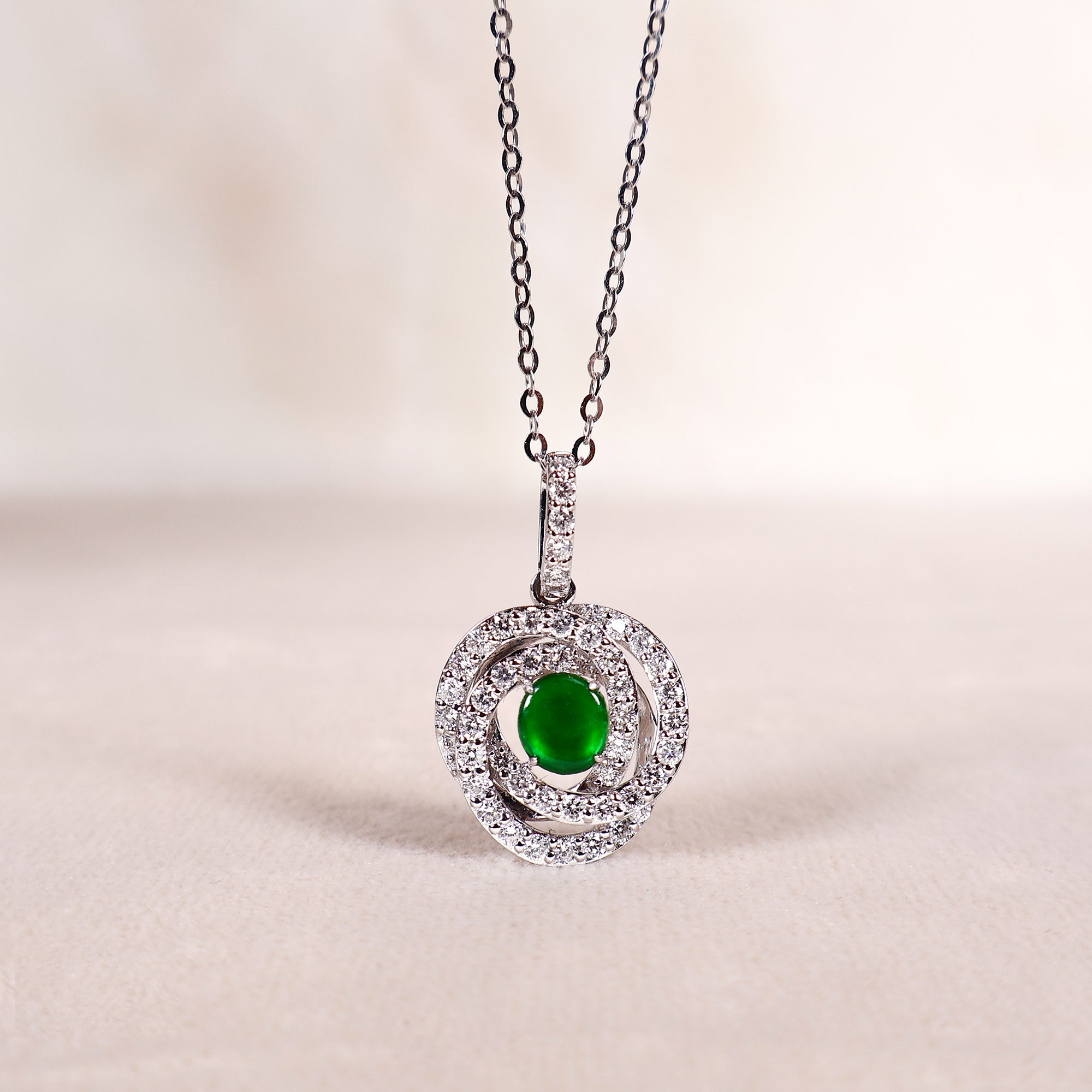 18k White Gold Diamonds Pendant, Natural Jade Necklace