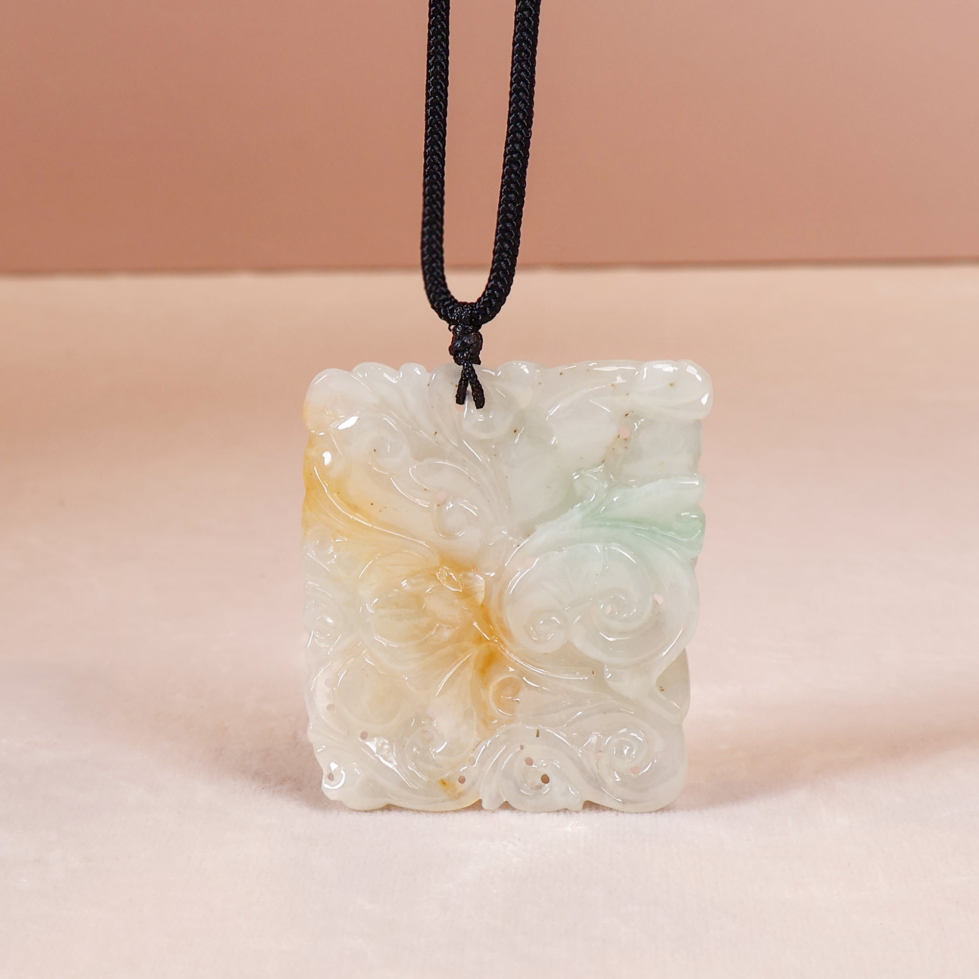 Hand-carved white jade tricolor rectangular pendant necklace