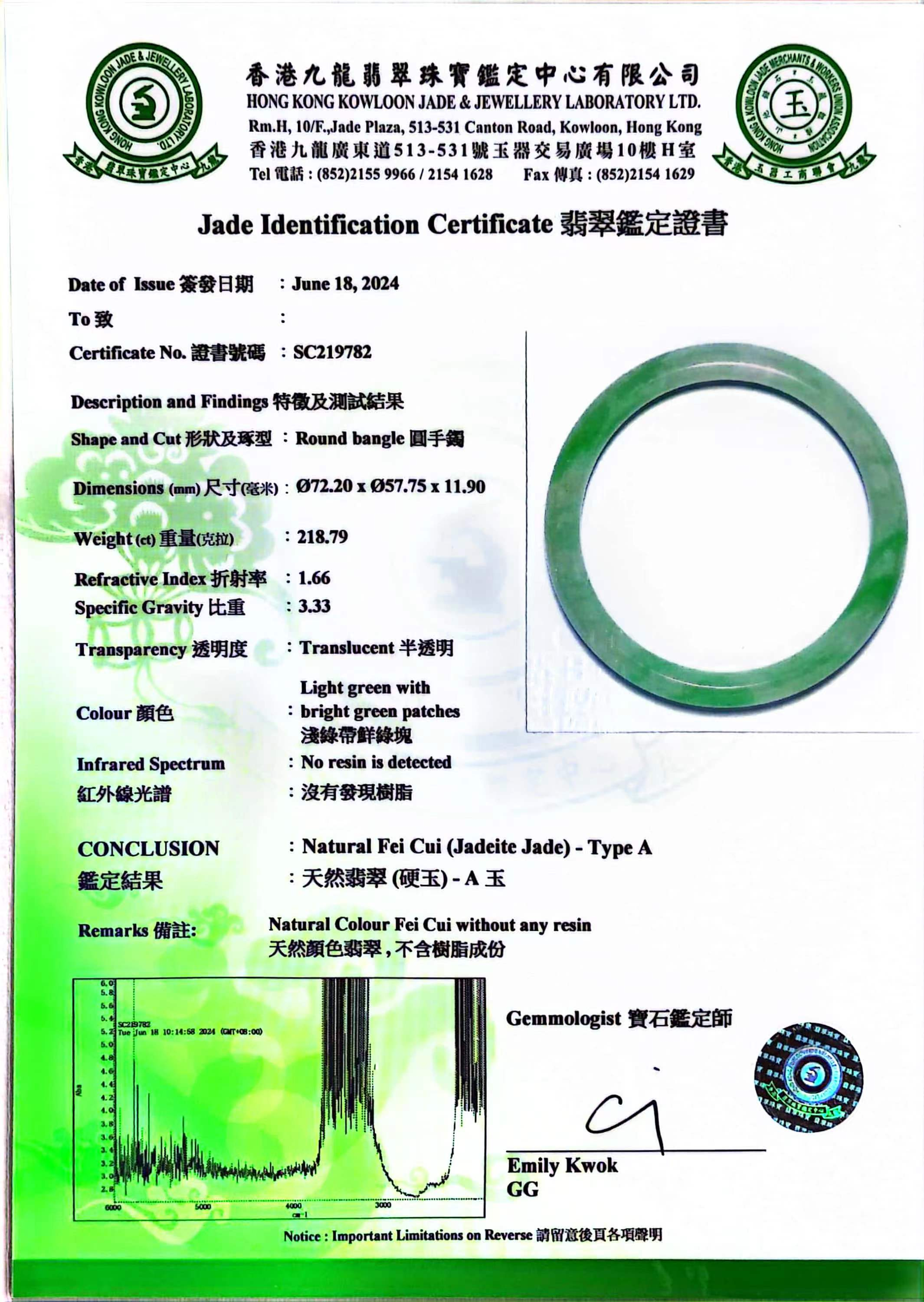 Grade A jade identification certificate issued by an authoritative appraisal institution in Hong Kong