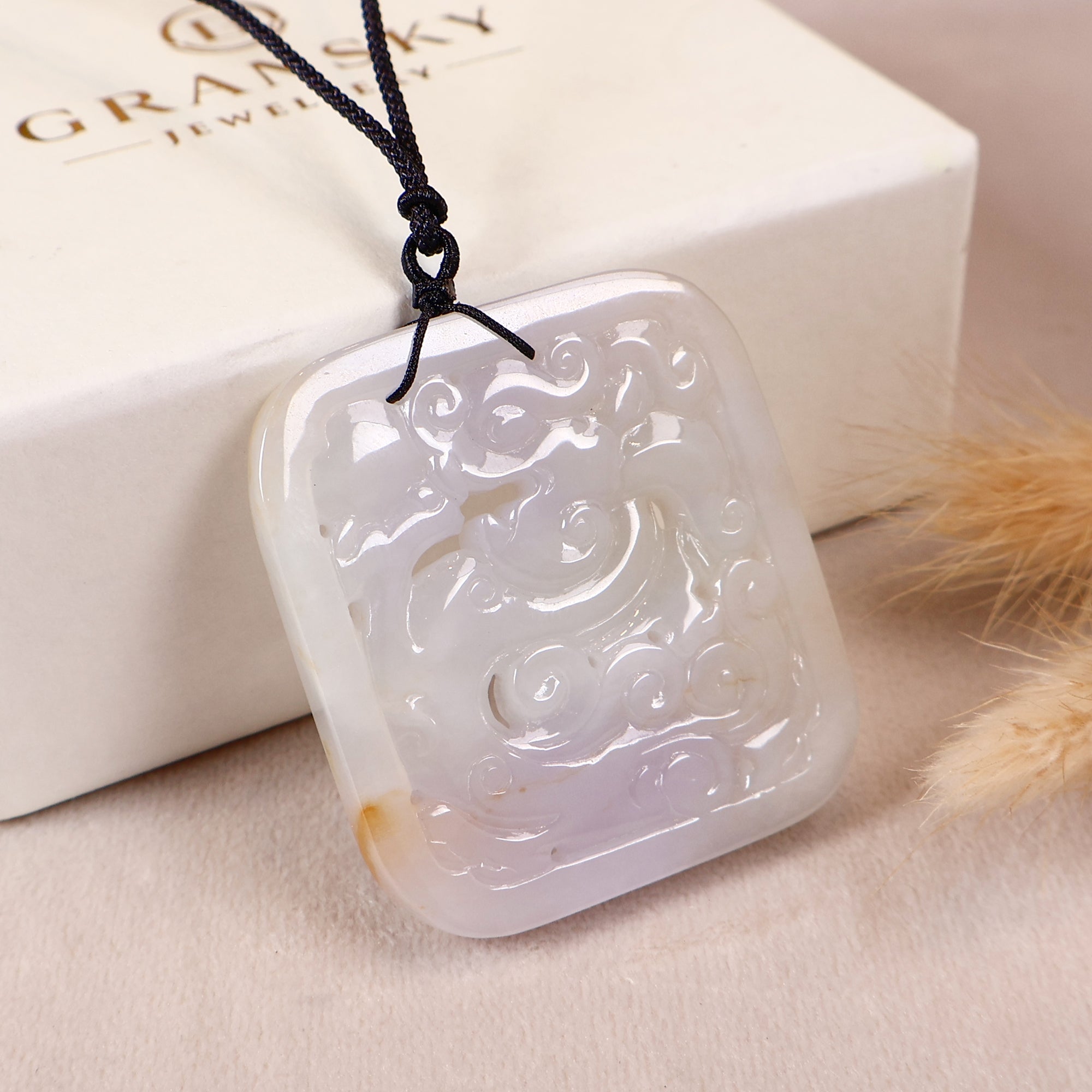 Gransky Hand Carved Grade A Jadeite Purple Jade Dragon Pendant