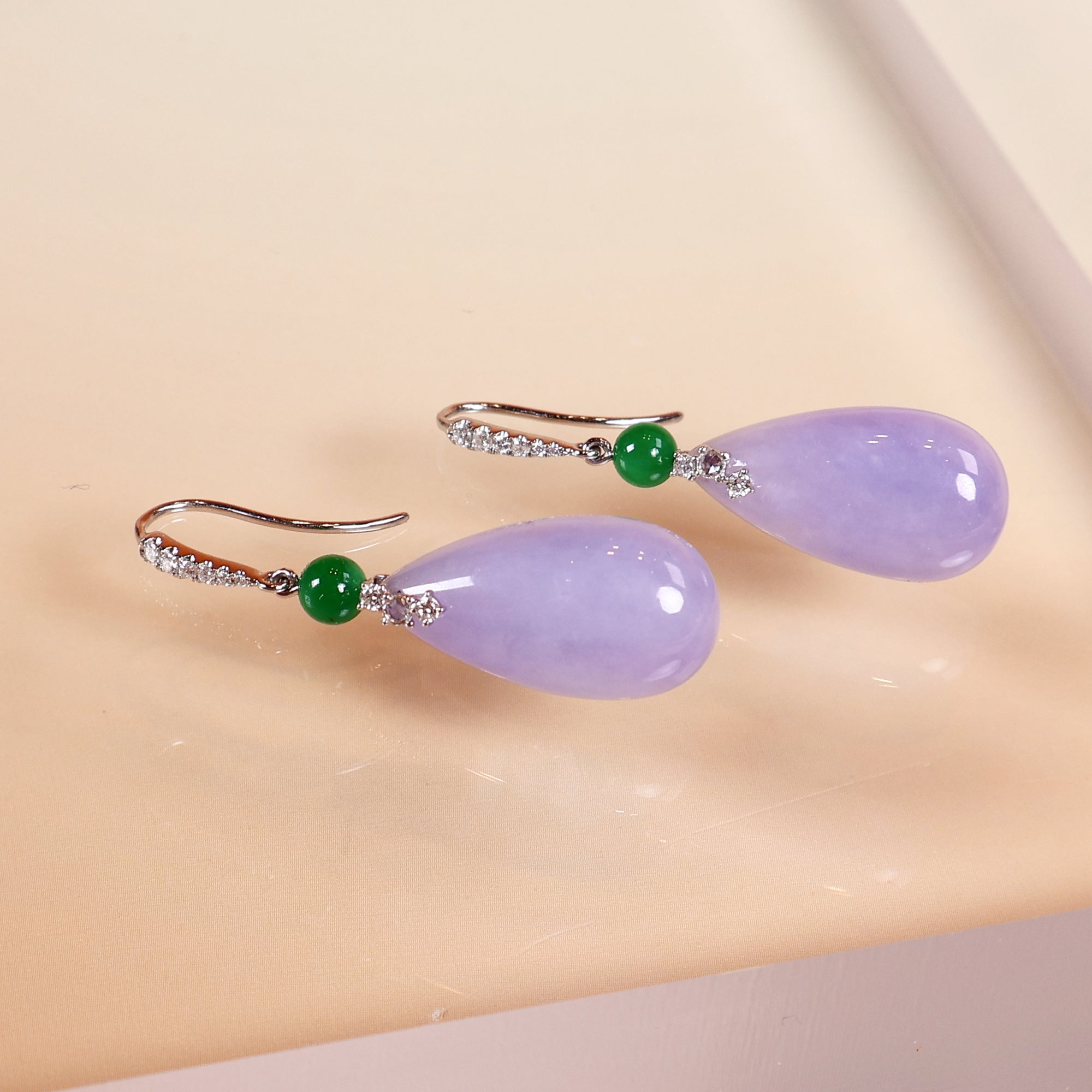 18k White Gold Exquisite High Quality Grade Natural A Purple Jade Drop Earring