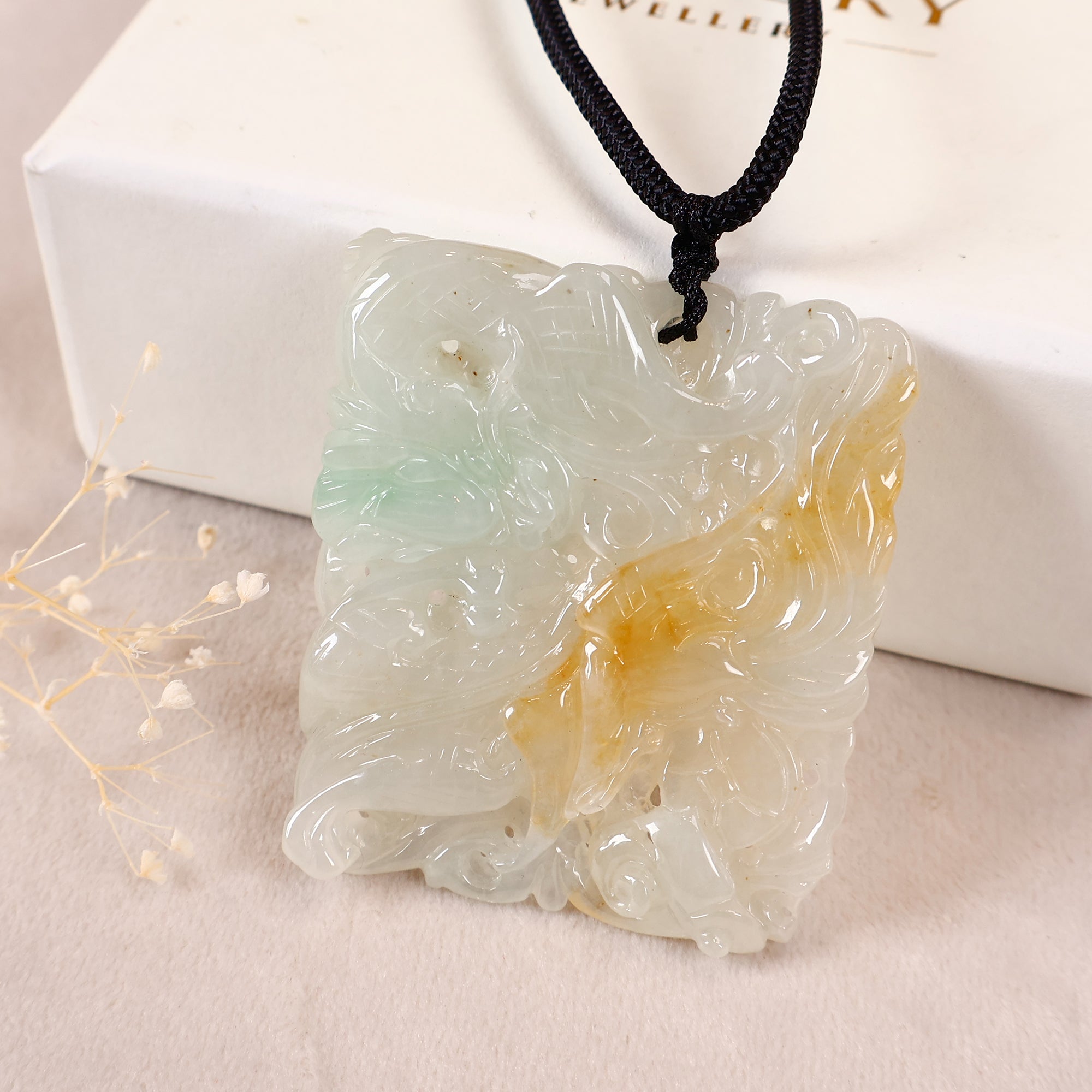 Hand-carved white jade tricolor rectangular pendant necklace