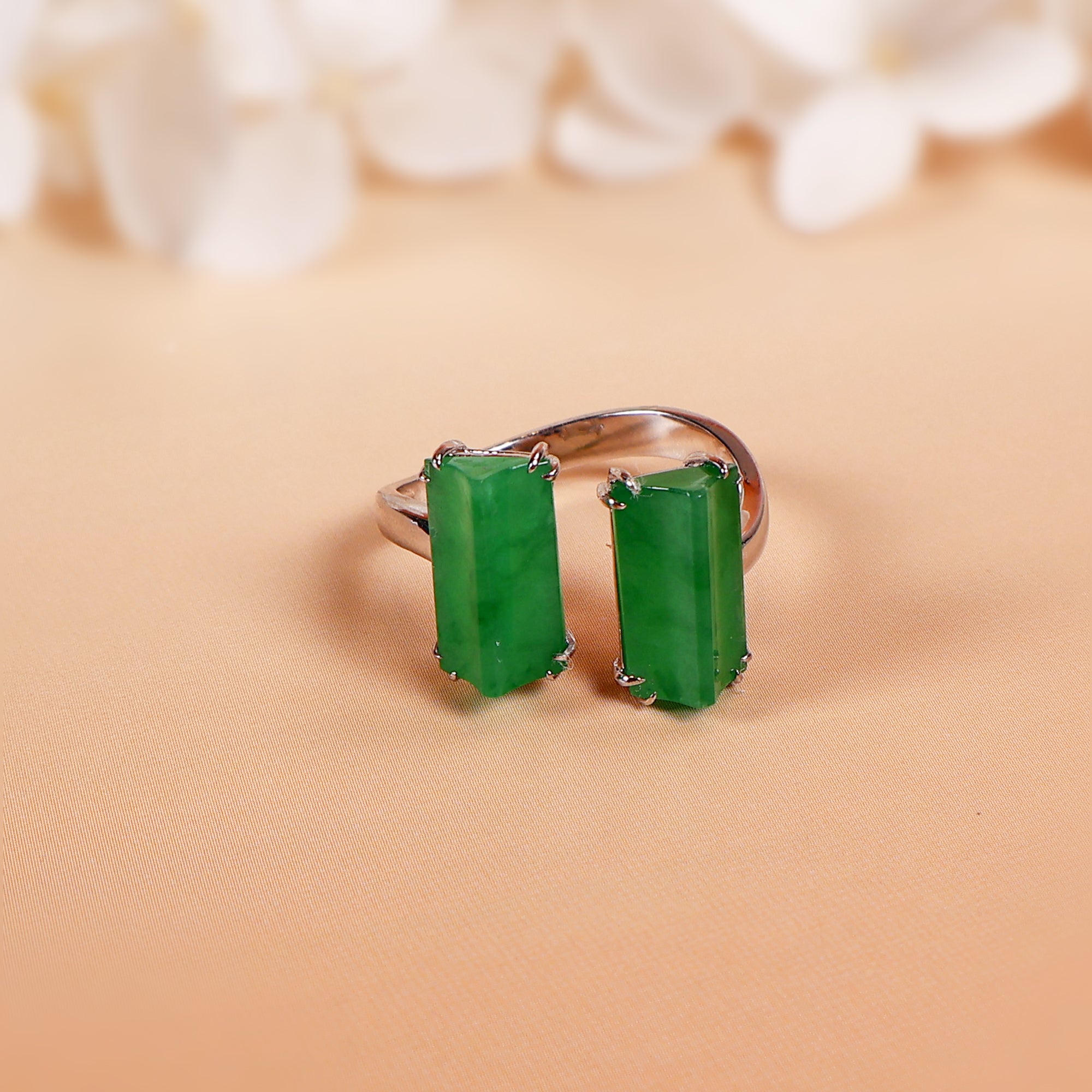 Semi-open jade ring with two jade stones