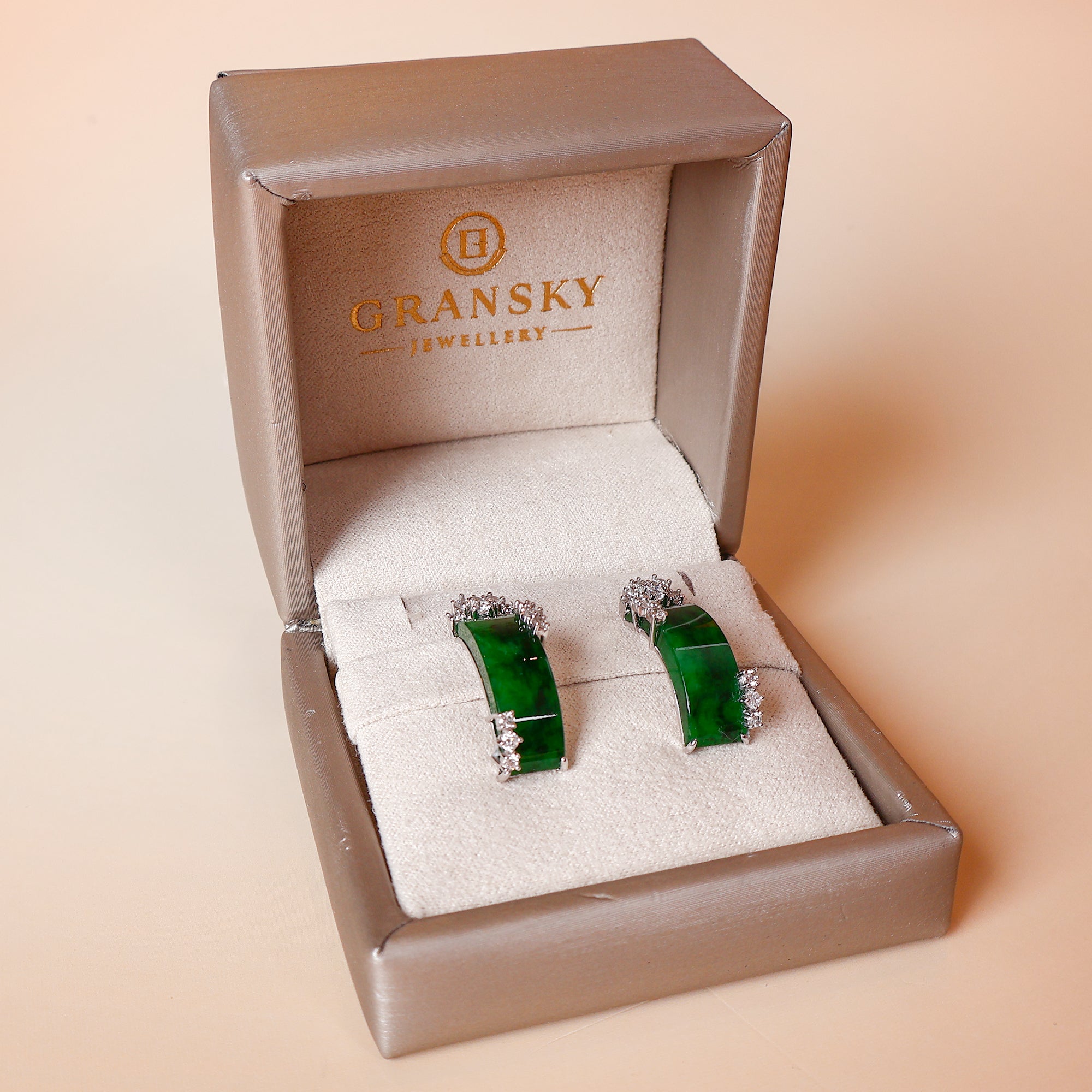 packaging Of 18k White Gold Genuine Burmese Jade Stud Earrings