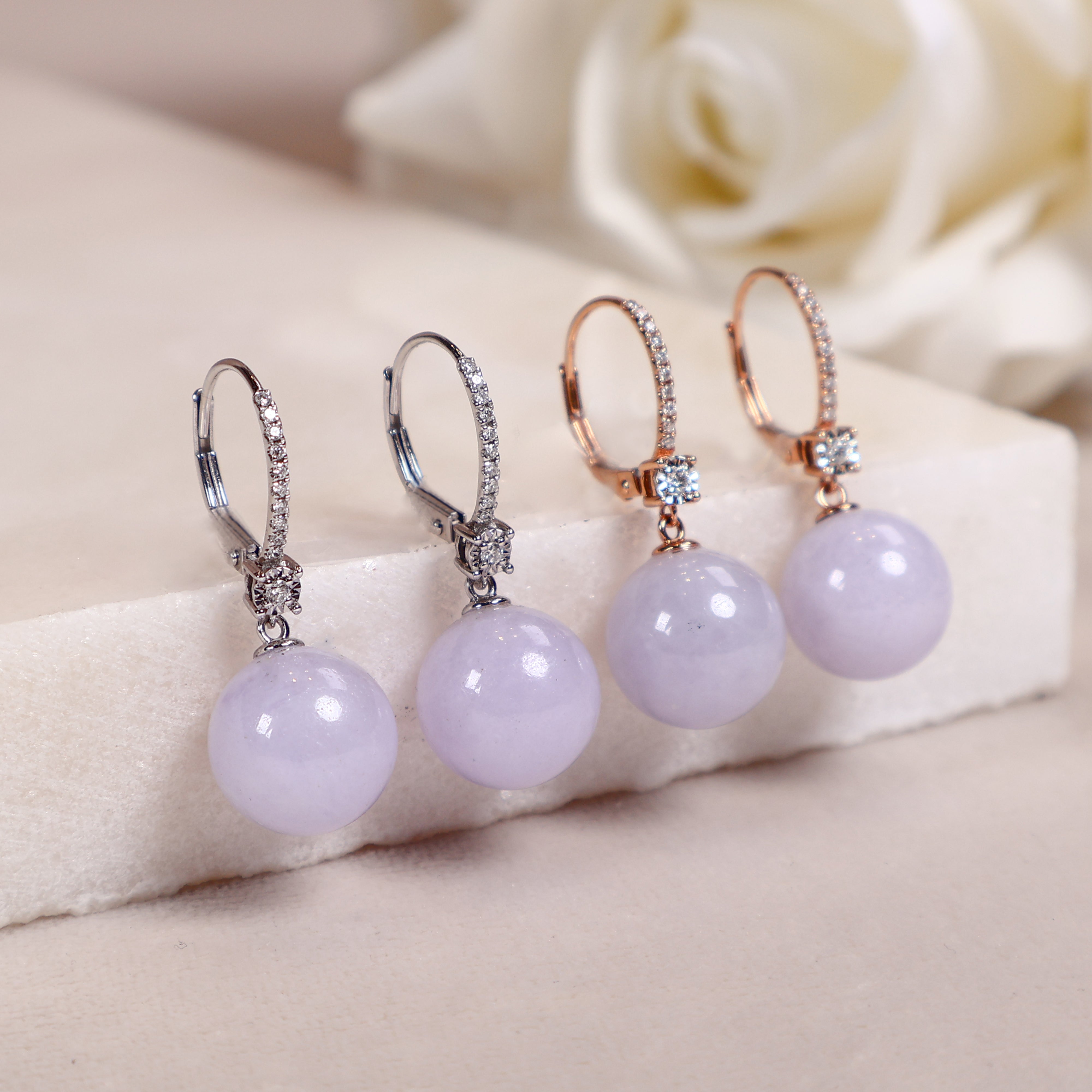 Two Pairs of 18k White/Rose Gold Natural Purple Jade Bead Earrings