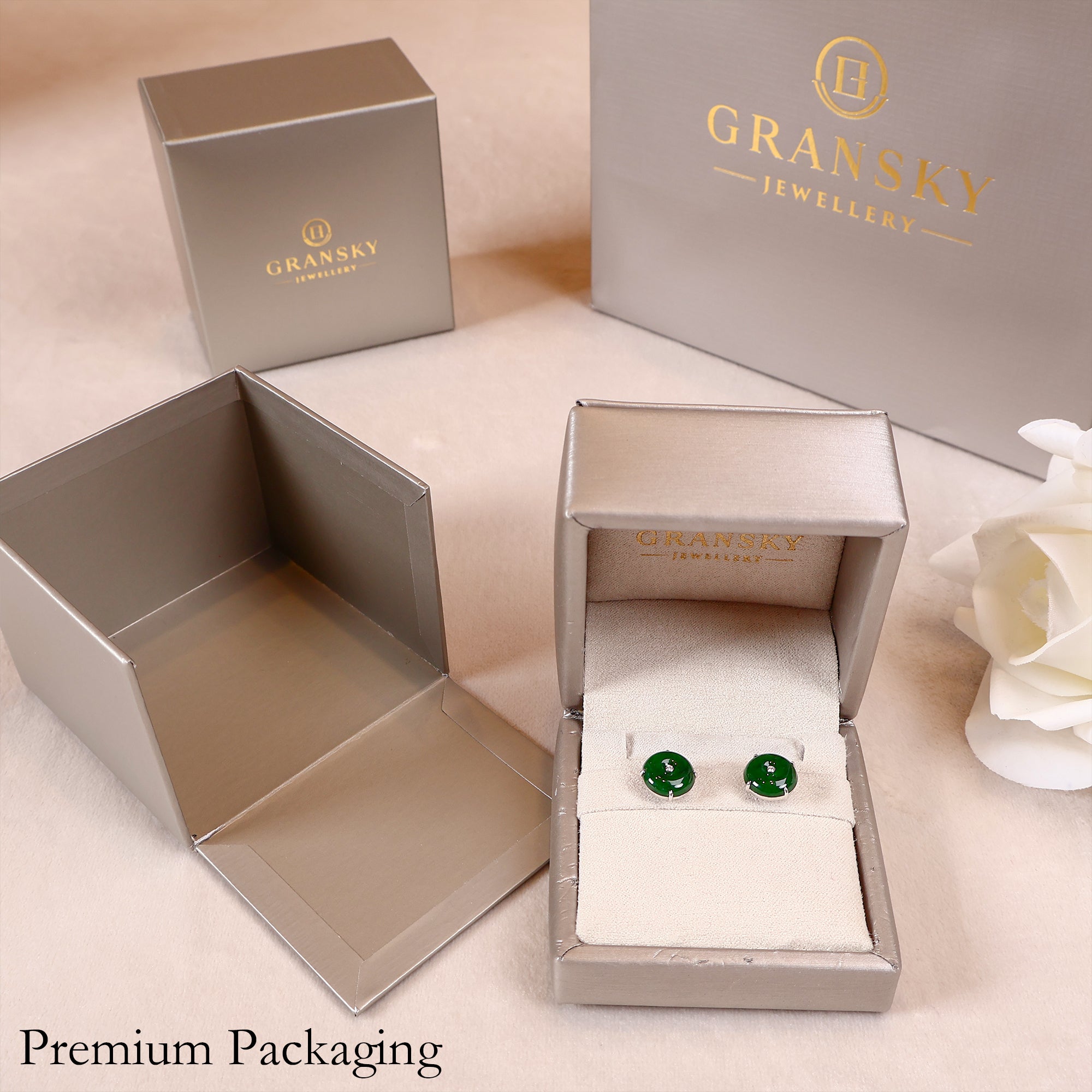 Packaging Of Donut Green Jade Stud Earrings