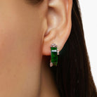 Model Wearing 18k White Gold Genuine Burmese Jade Stud Earrings