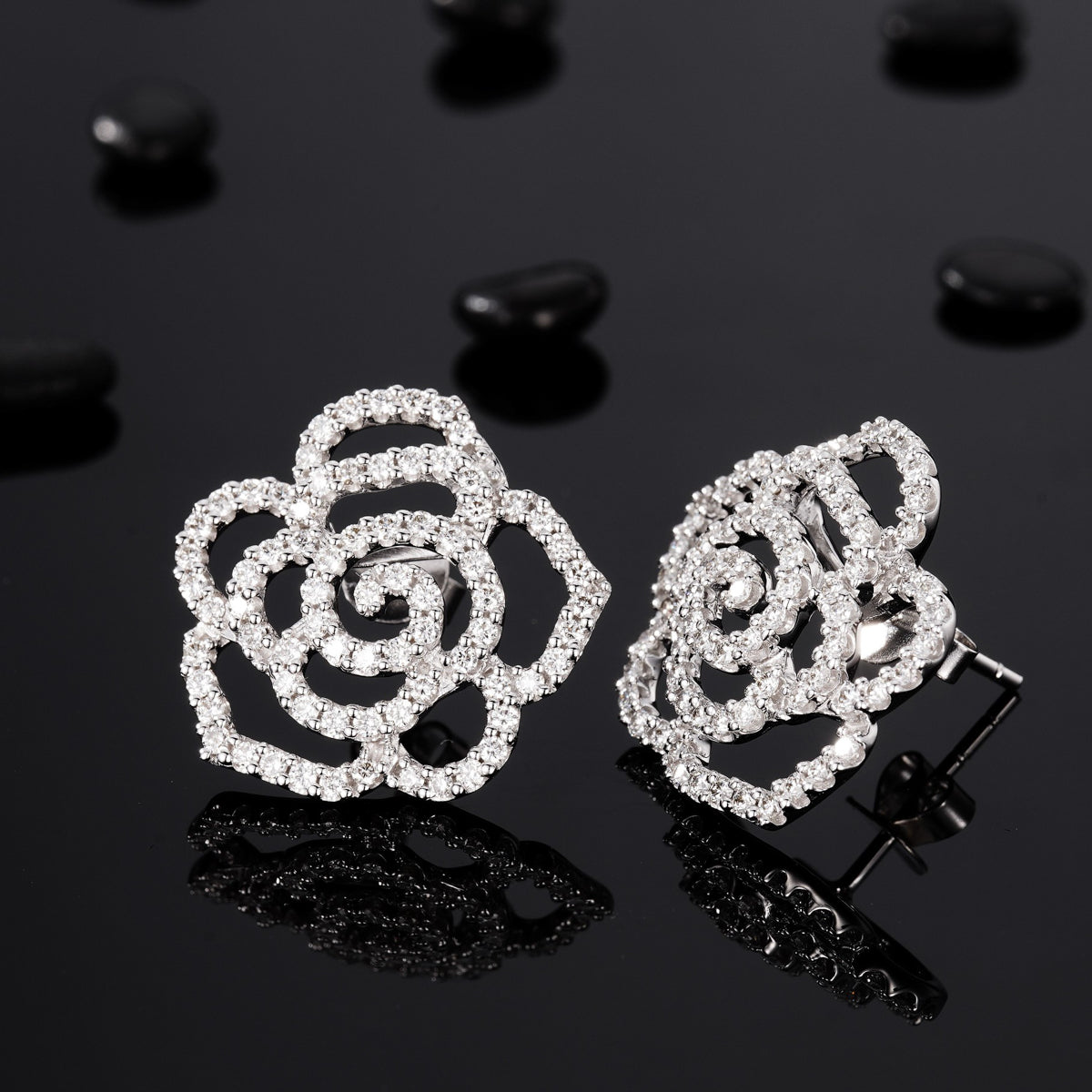 Gransky 18K White Gold Rose Stud Earrings