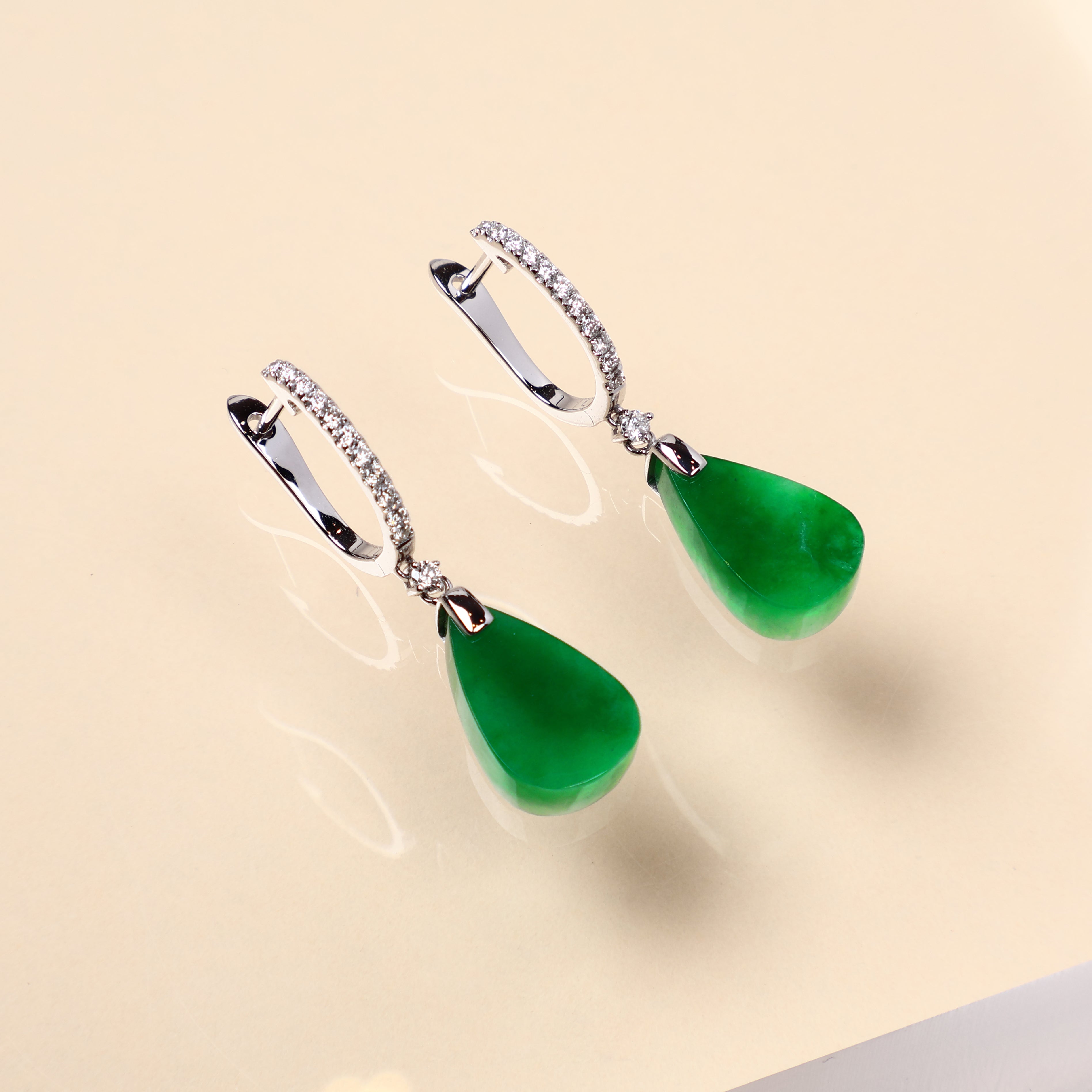 Gransky 18K White Gold and Diamonds Green Jade Drop Earrings