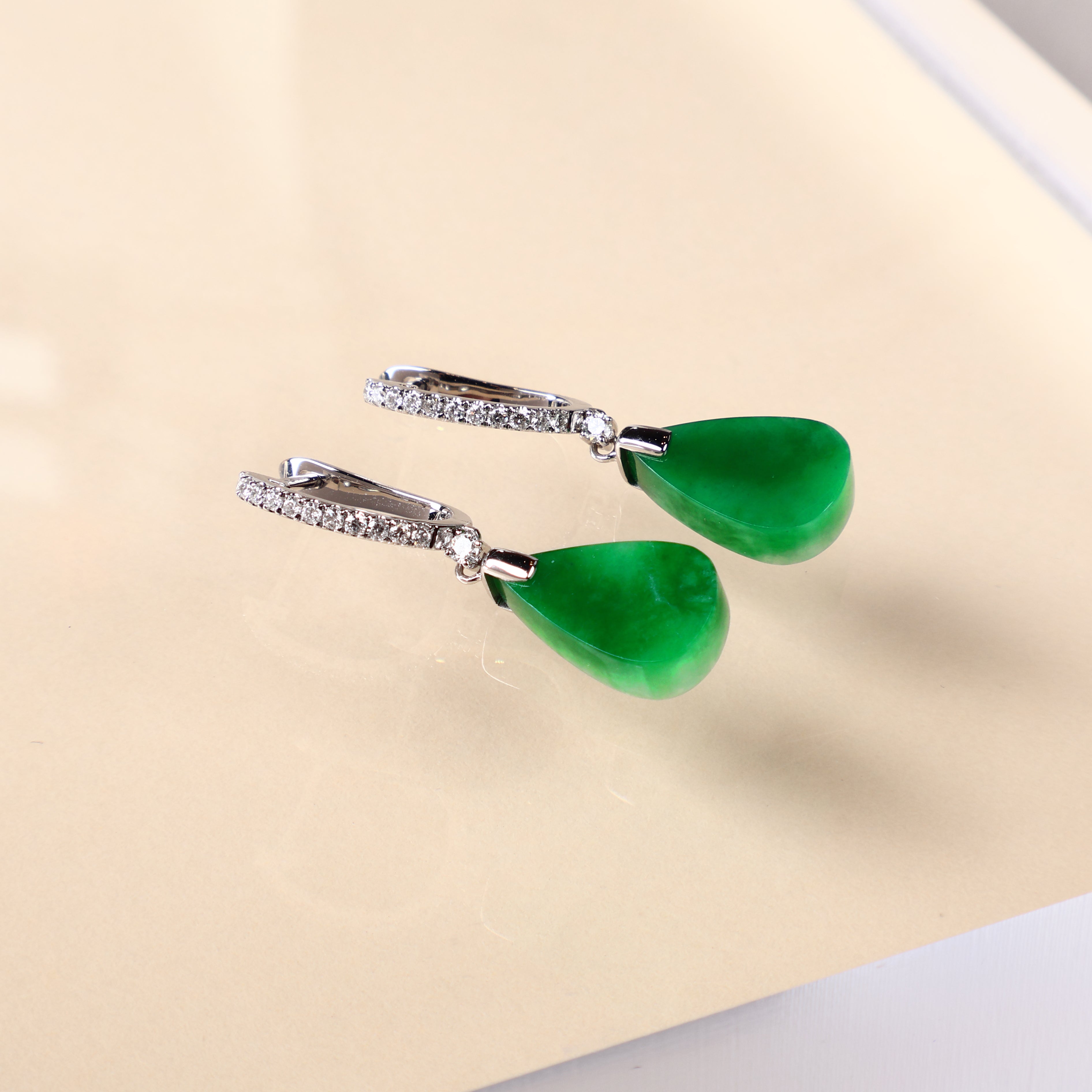 Gransky 18K White Gold and Diamonds Green Jade Drop Earrings