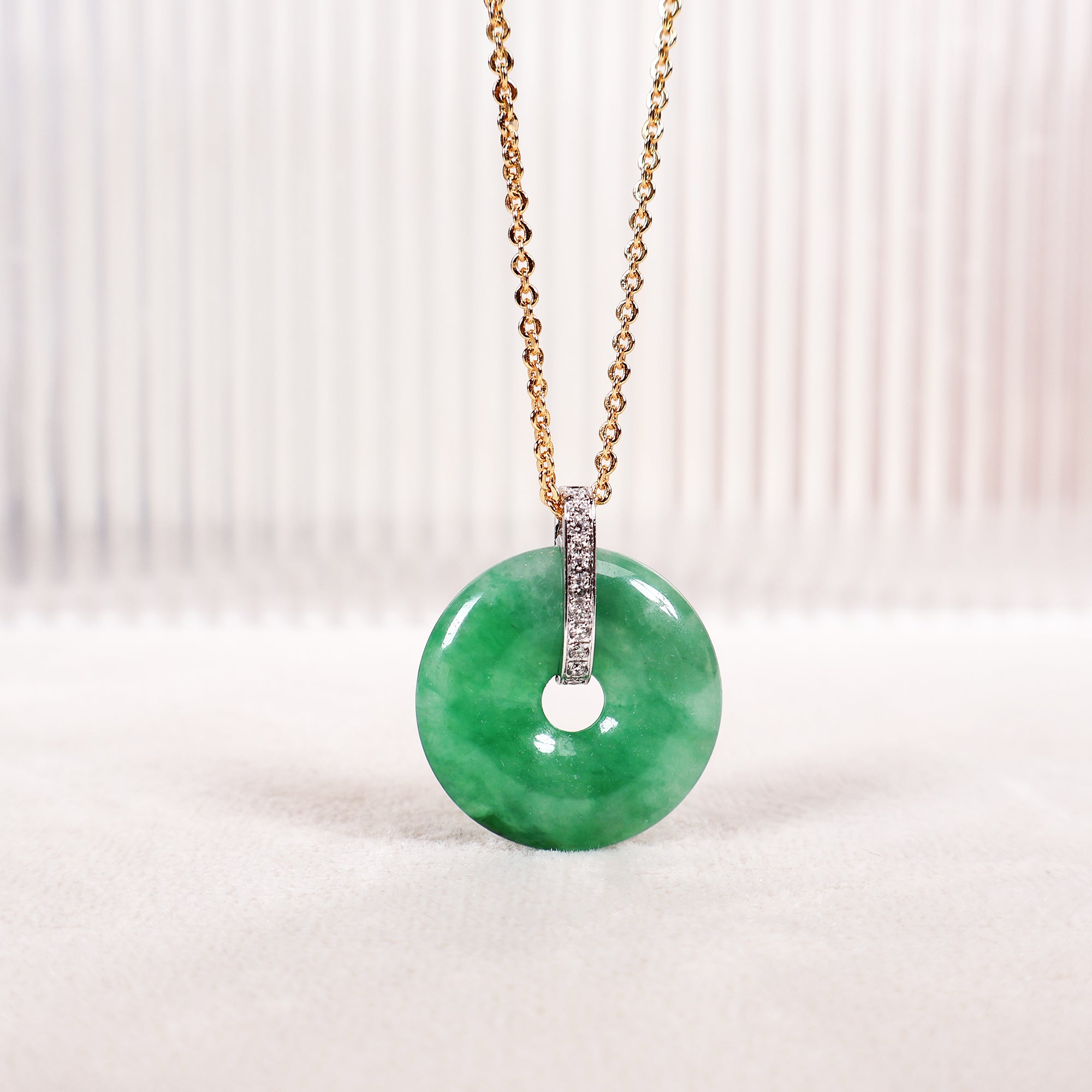 18k Gold Green Donut Type A Jade Pendant with Diamonds