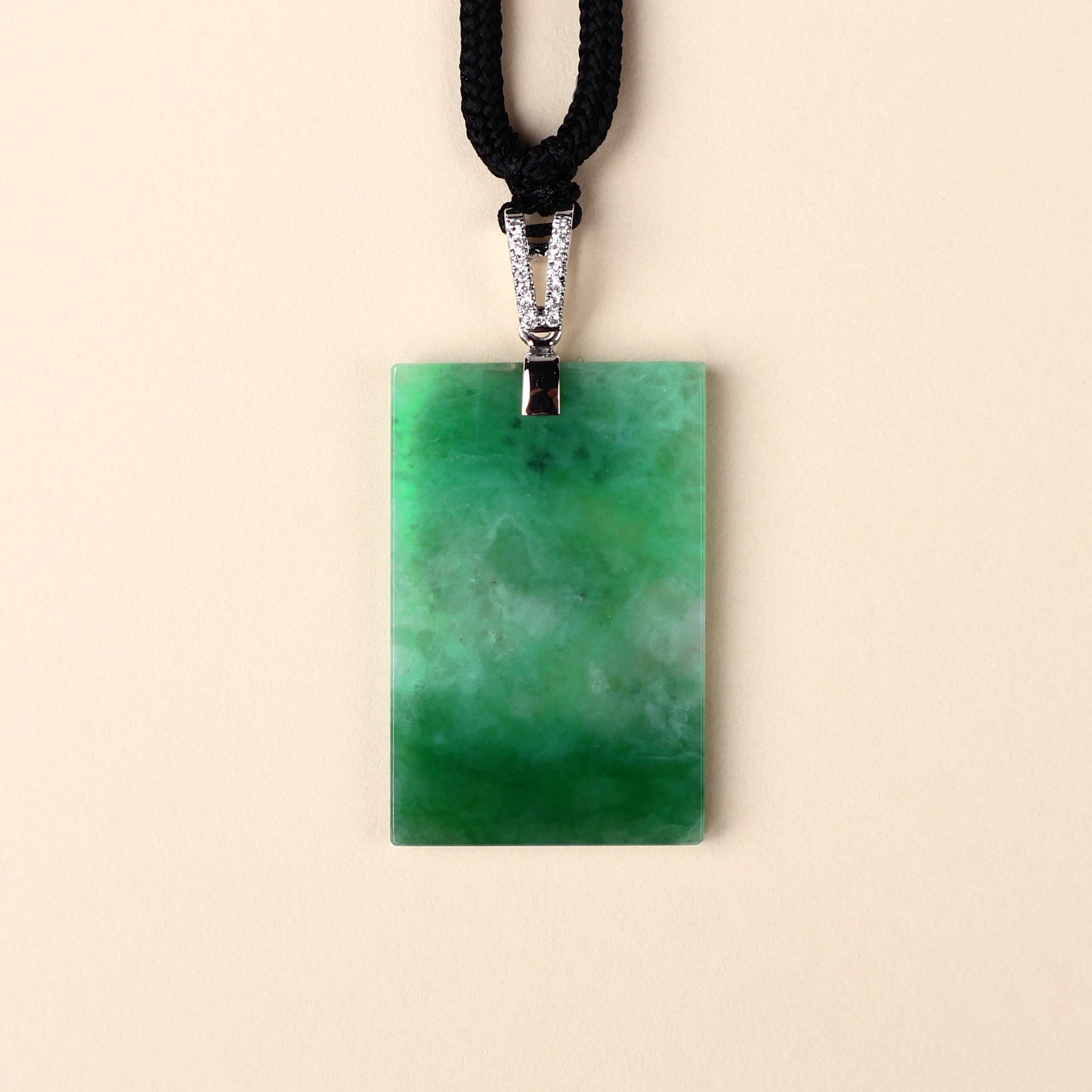 Delicate Green Jade Rectangular Pendant Necklace with Genuine Diamonds